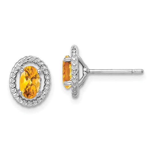 Sterling Silver Rhod-plat Citrine Oval Post Earrings