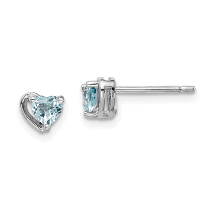 Sterling Silver Rhod-plated Aquamarine Heart Post Earrings