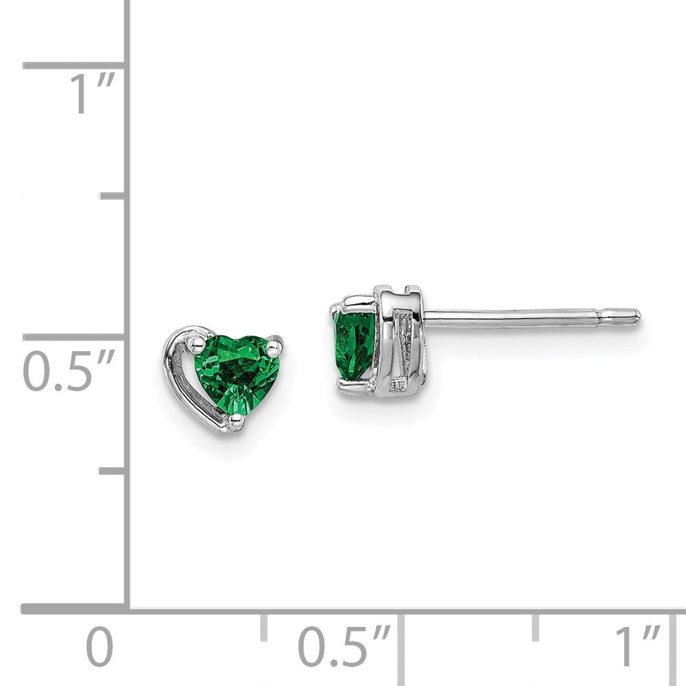 Sterling Silver Rhod-plated Created Emerald Heart Post Earrings