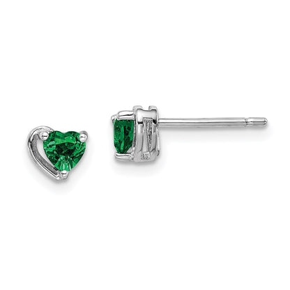 Sterling Silver Rhod-plated Created Emerald Heart Post Earrings