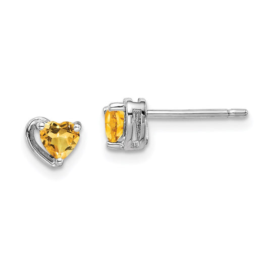 Sterling Silver Rhod-plated Citrine Heart Post Earrings