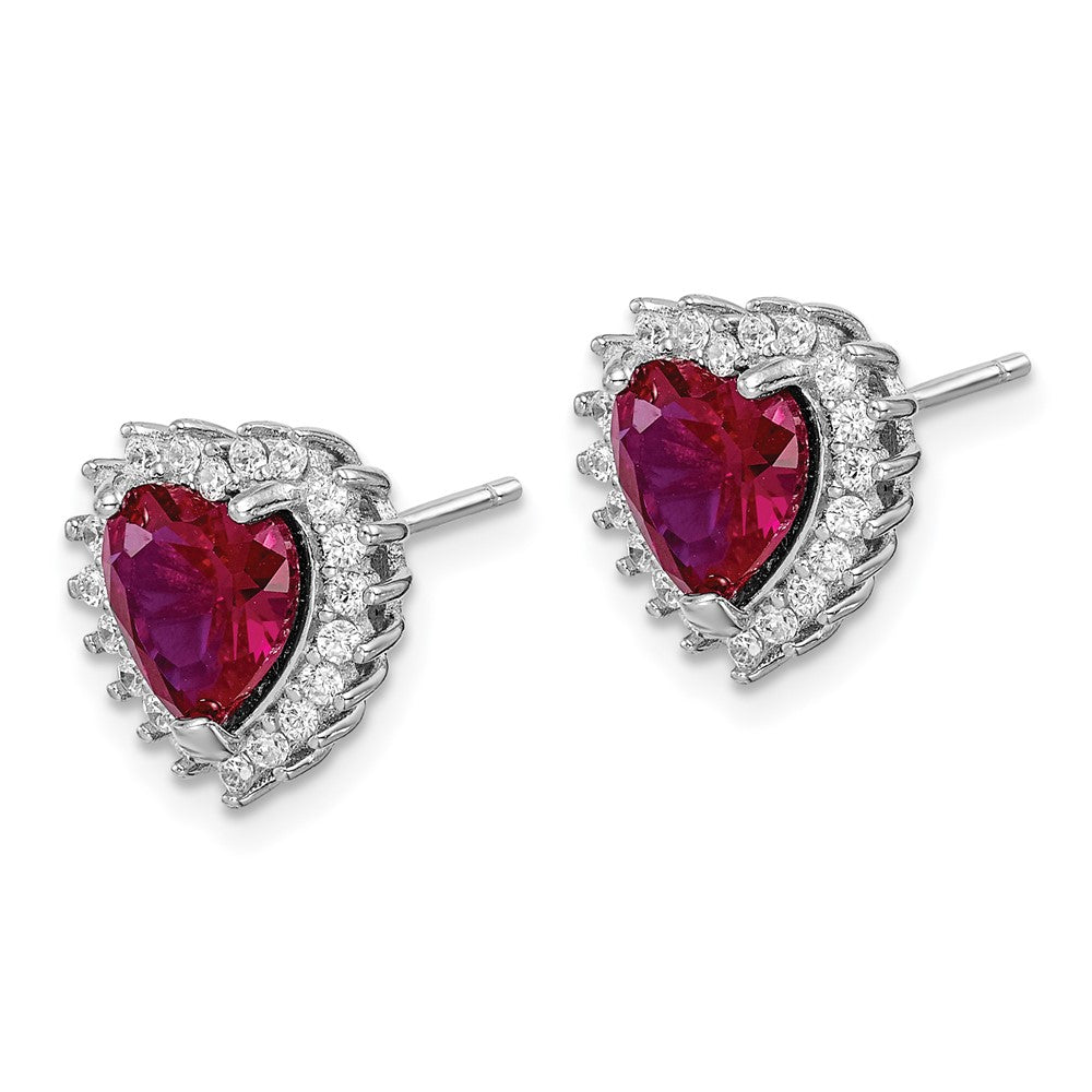 Sterling Silver RH-plated Created Corundum and CZ Heart Post Earrings