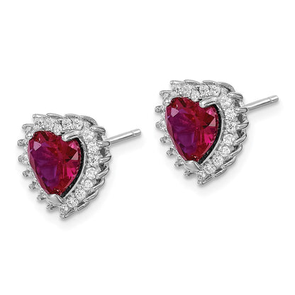 Sterling Silver RH-plated Created Corundum and CZ Heart Post Earrings