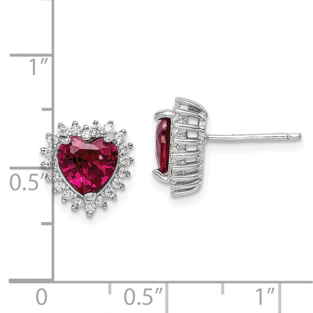 Sterling Silver RH-plated Created Corundum and CZ Heart Post Earrings
