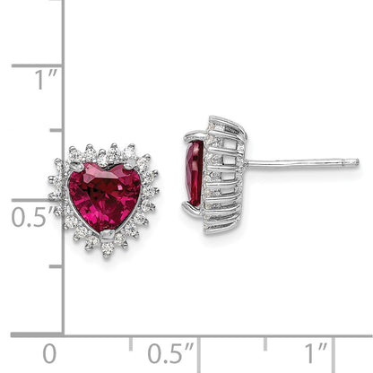 Sterling Silver RH-plated Created Corundum and CZ Heart Post Earrings