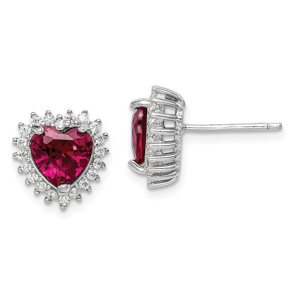 Sterling Silver RH-plated Created Corundum and CZ Heart Post Earrings
