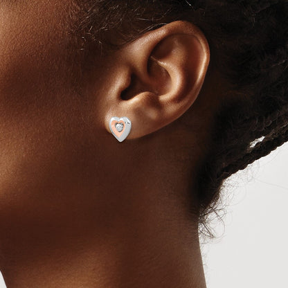 Sterling Silver RH-plated u0026 Rose Gold-plated Diamond Heart Post Earrings