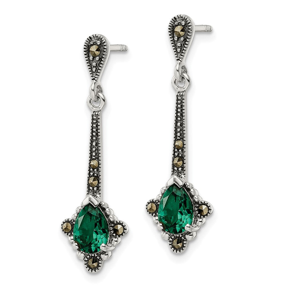 Sterling Silver Antiqued Marcasite u0026 Lab Created Green Quartz Earrings