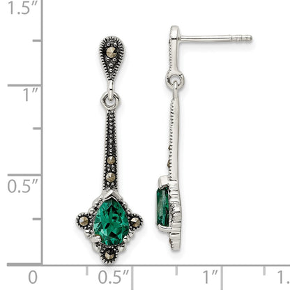 Sterling Silver Antiqued Marcasite u0026 Lab Created Green Quartz Earrings