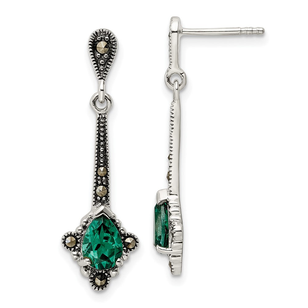 Sterling Silver Antiqued Marcasite u0026 Lab Created Green Quartz Earrings