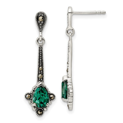 Sterling Silver Antiqued Marcasite u0026 Lab Created Green Quartz Earrings