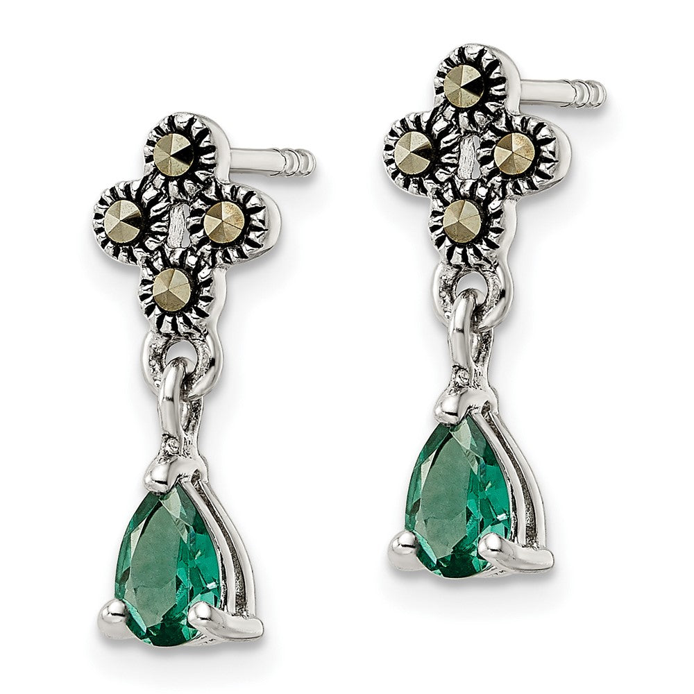 Sterling Silver Antiqued Marcasite u0026 Cr. Green Quartz Post Dangle Earrings