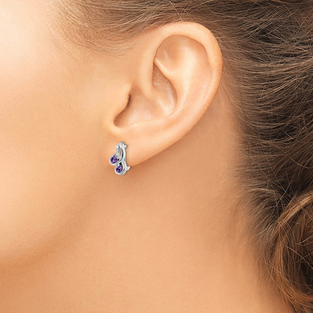 SS Rhod-plated .52t.w. Amethyst/White Topaz Swirl Hinged Earrings