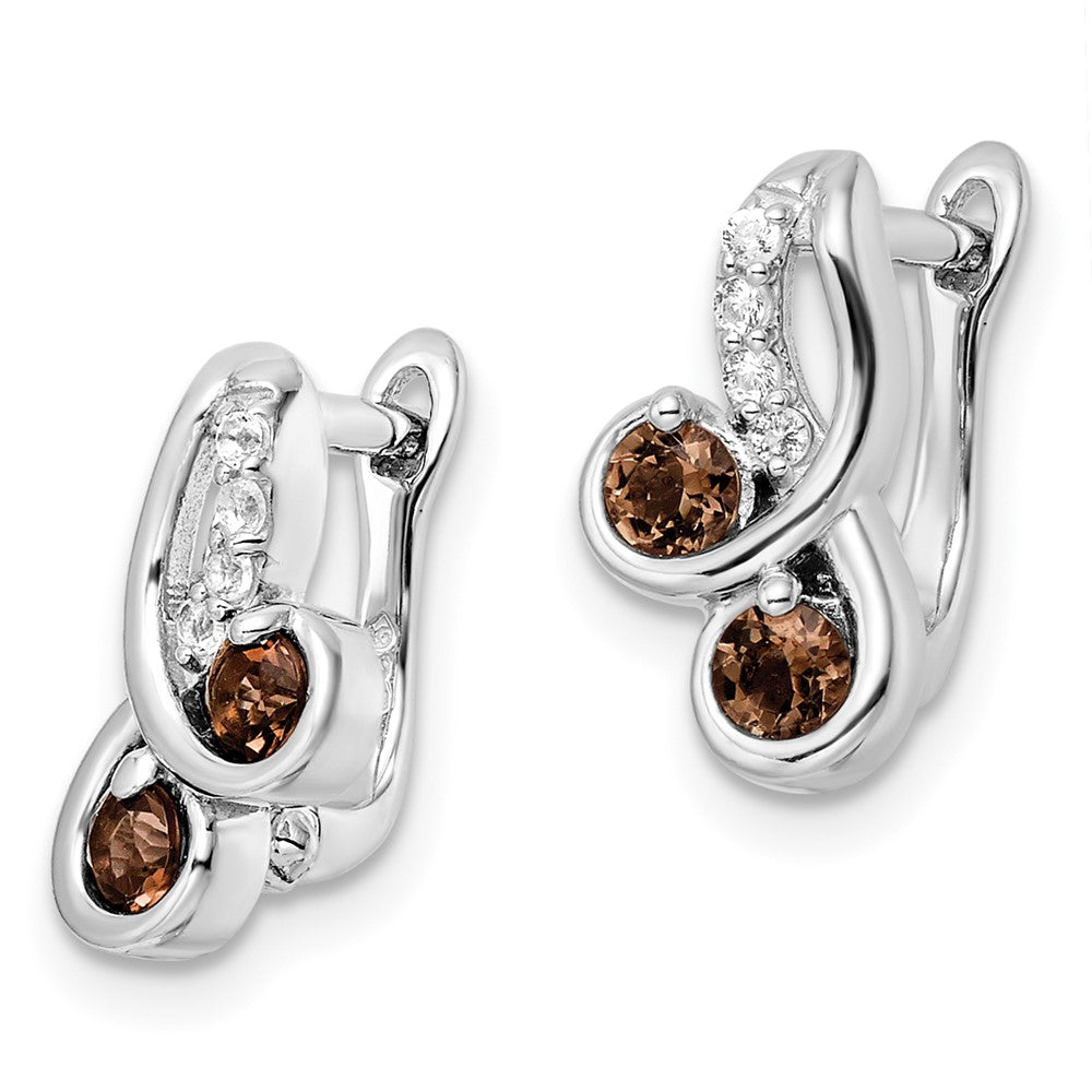 SS Rhod-plate .52t.w.SmokyQuartz/Wht Topaz Swirl Hinged Earrings