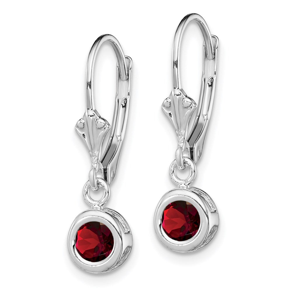 Sterling Silver Rhodium Plated 5mm Round Garnet Leverback Earrings