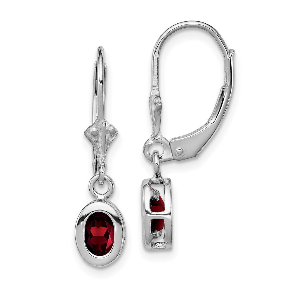 Sterling Silver Rhodium 6x4mm Oval Garnet Leverback Earrings