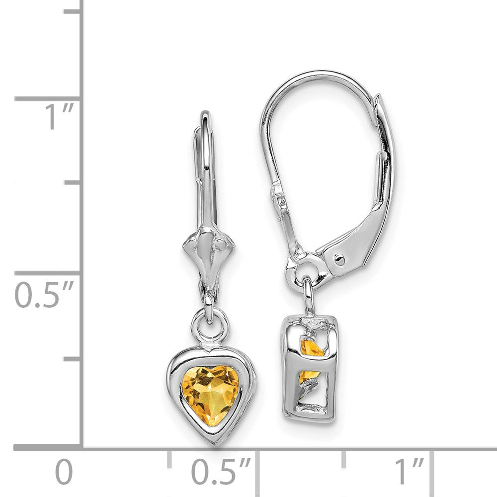 Sterling Silver Rhodium Plated 5mm Heart Citrine Leverback Earrings