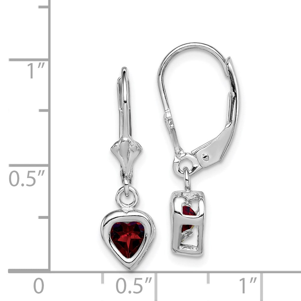 Sterling Silver Rhodium Plated 5mm Heart Garnet Leverback Earrings