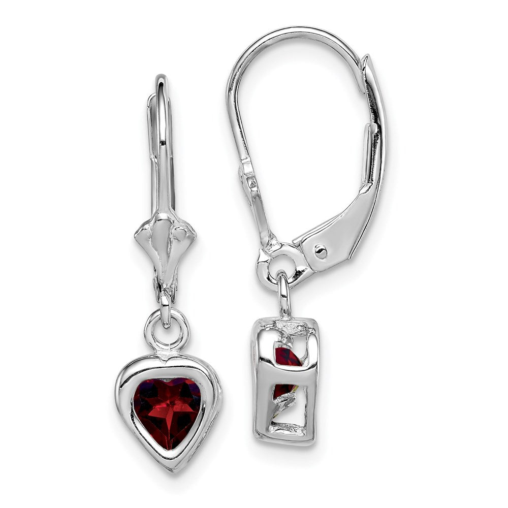 Sterling Silver Rhodium Plated 5mm Heart Garnet Leverback Earrings