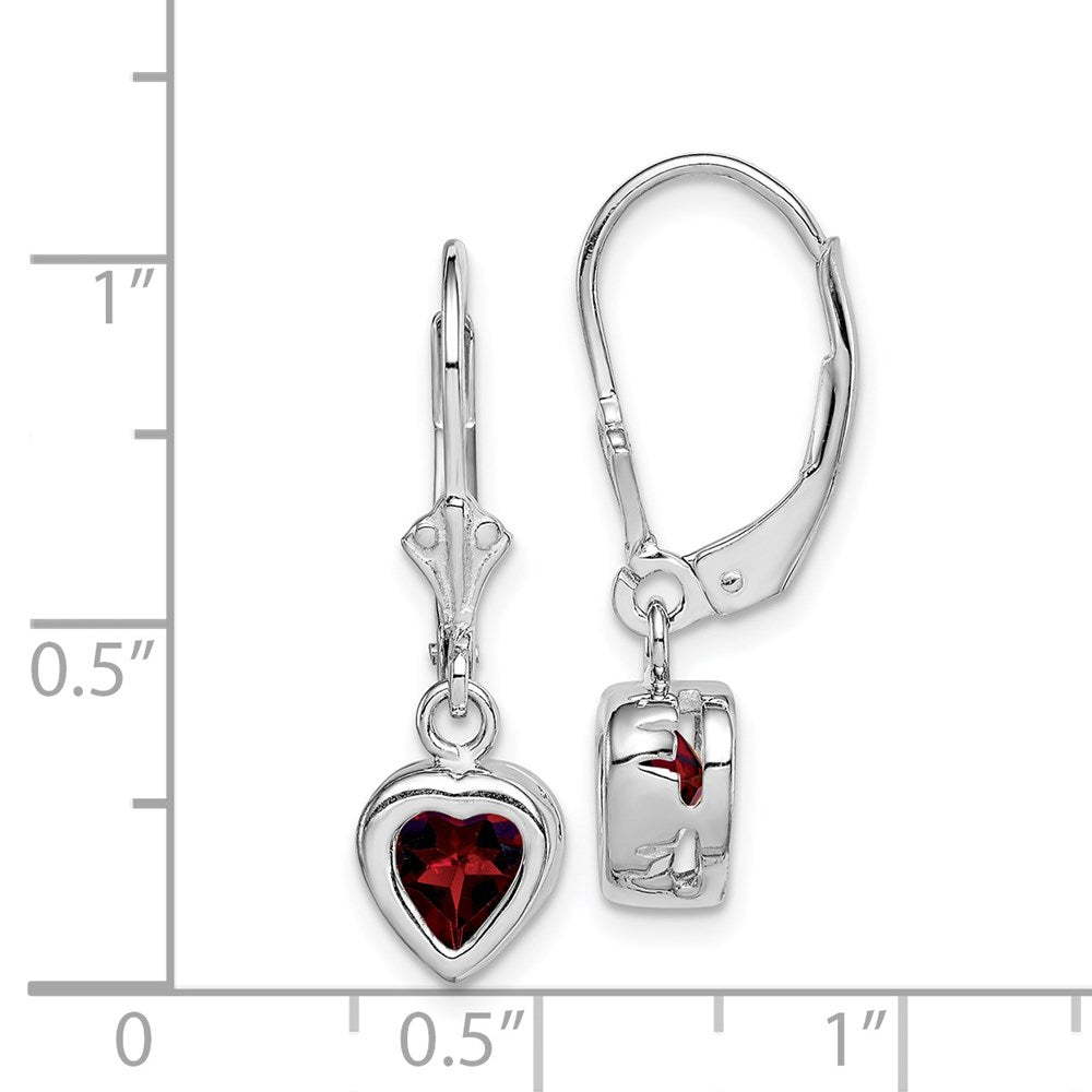 Sterling Silver Rhodium Plated 6mm Heart Garnet Leverback Earrings