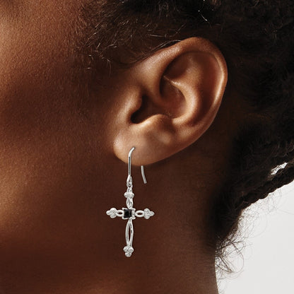 Sterling Silver Rhodium-plated Polished Diamond Accent u0026 Black CZ Budded Cross Dangle Earrings