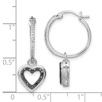 White Night Sterling Silver Rhodium-plated Black and White Diamond with Dangle Heart Hoop Earring
