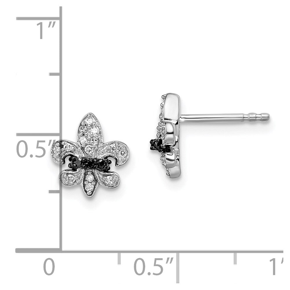 White Night Sterling Silver Rhodium-plated Black and White Diamond Fleur de Lis Post Earrings