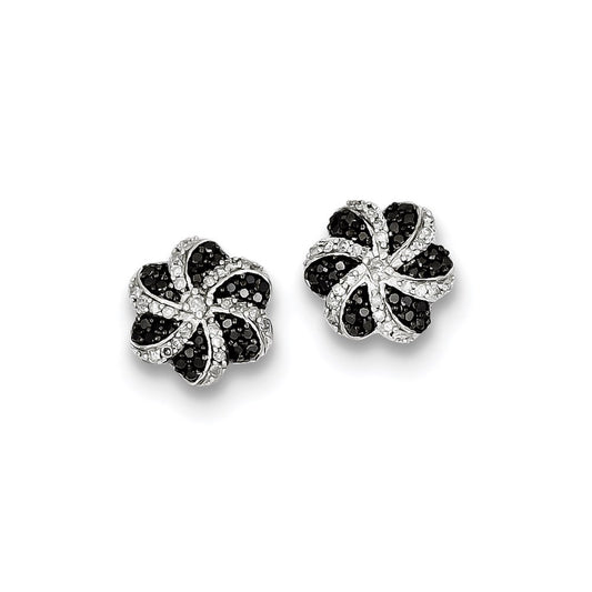 Sterling Silver Black and White Diamond Flower Post Earrings