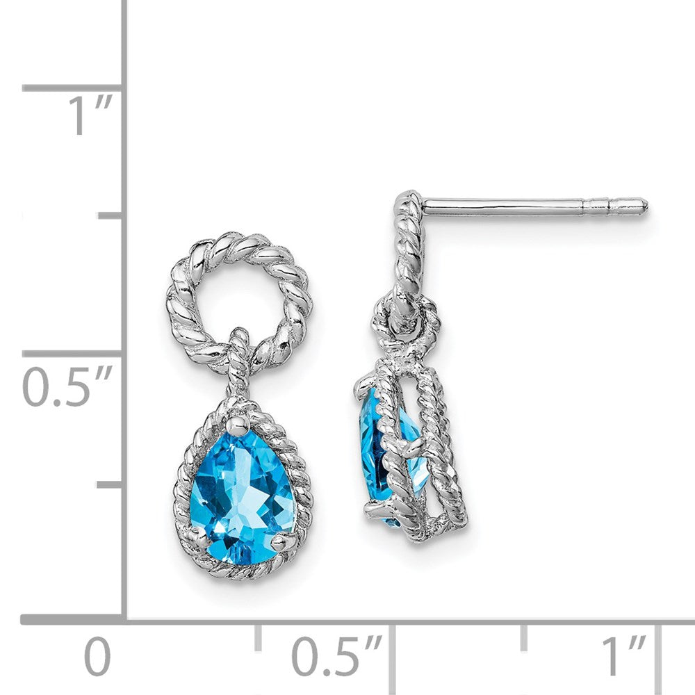 Sterling Silver Rhodium Plated Blue Topaz Pear Twisted Post Earrings