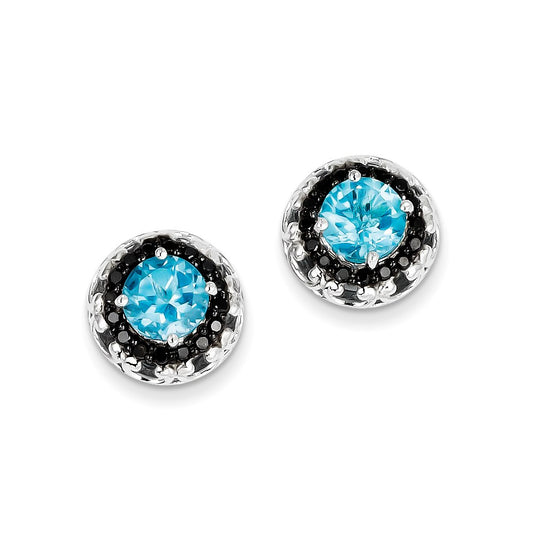 Sterling Silver Blue Topaz and Black Diamond Earrings