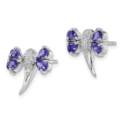 Sterling Silver Rhodium Plated Diamond/Tanzanite Dragonfly Earrings