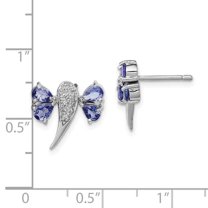 Sterling Silver Rhodium Plated Diamond/Tanzanite Dragonfly Earrings