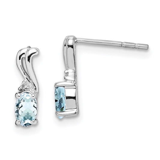 Sterling Silver Rhodium Plated Dia. u0026 Aquamarine Oval Post Earrings