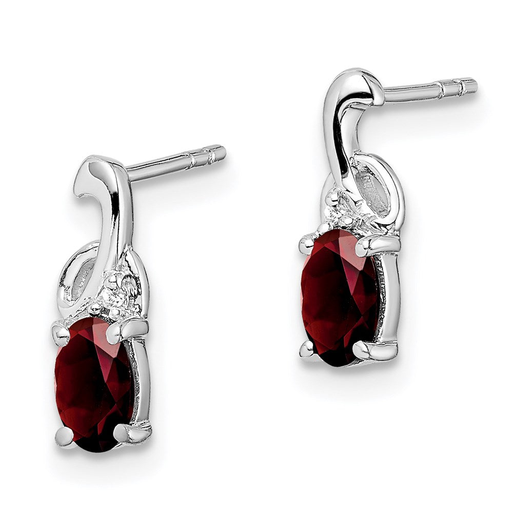 Sterling Silver Rhodium Plated Diamond Garnet Oval Post Earrings