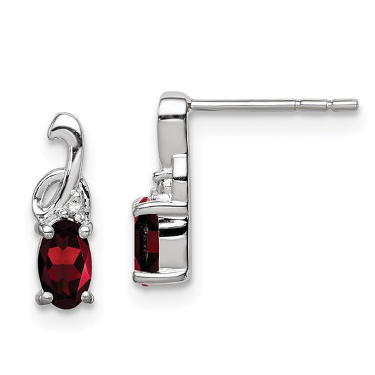 Sterling Silver Rhodium Plated Diamond Garnet Oval Post Earrings