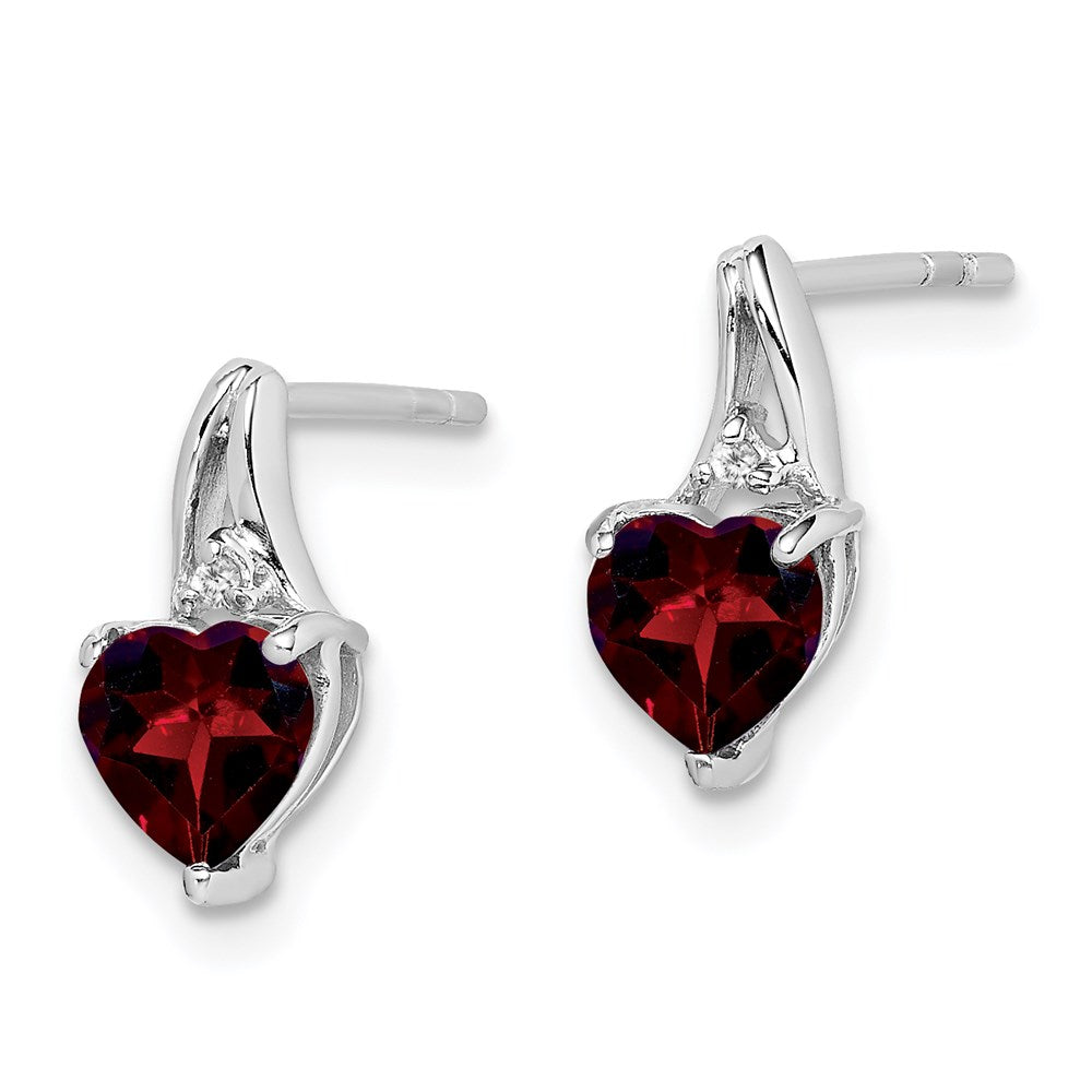 Sterling Silver Rhodium Plated Diamond Garnet Heart Post Earrings