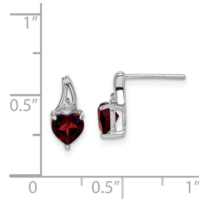 Sterling Silver Rhodium Plated Diamond Garnet Heart Post Earrings