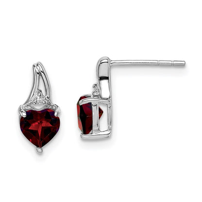 Sterling Silver Rhodium Plated Diamond Garnet Heart Post Earrings