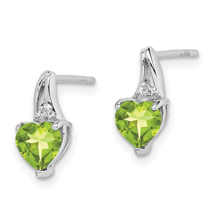 Sterling Silver Rhodium Plated Diamond Peridot Heart Post Earrings