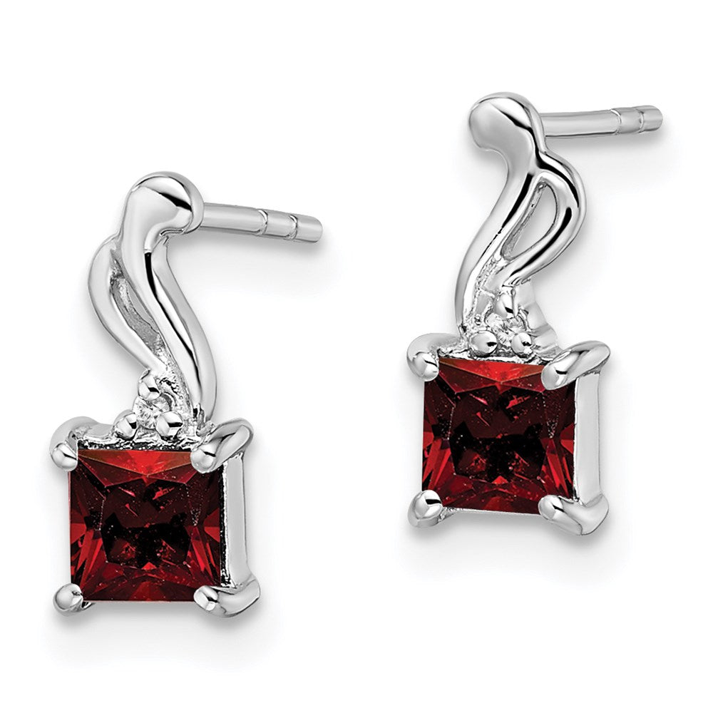 Sterling Silver Rhodium Plated Diamond Garnet Square Post Earrings