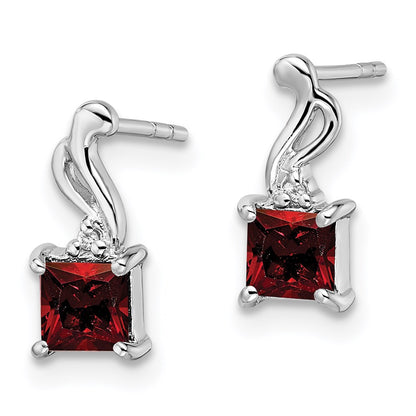 Sterling Silver Rhodium Plated Diamond Garnet Square Post Earrings
