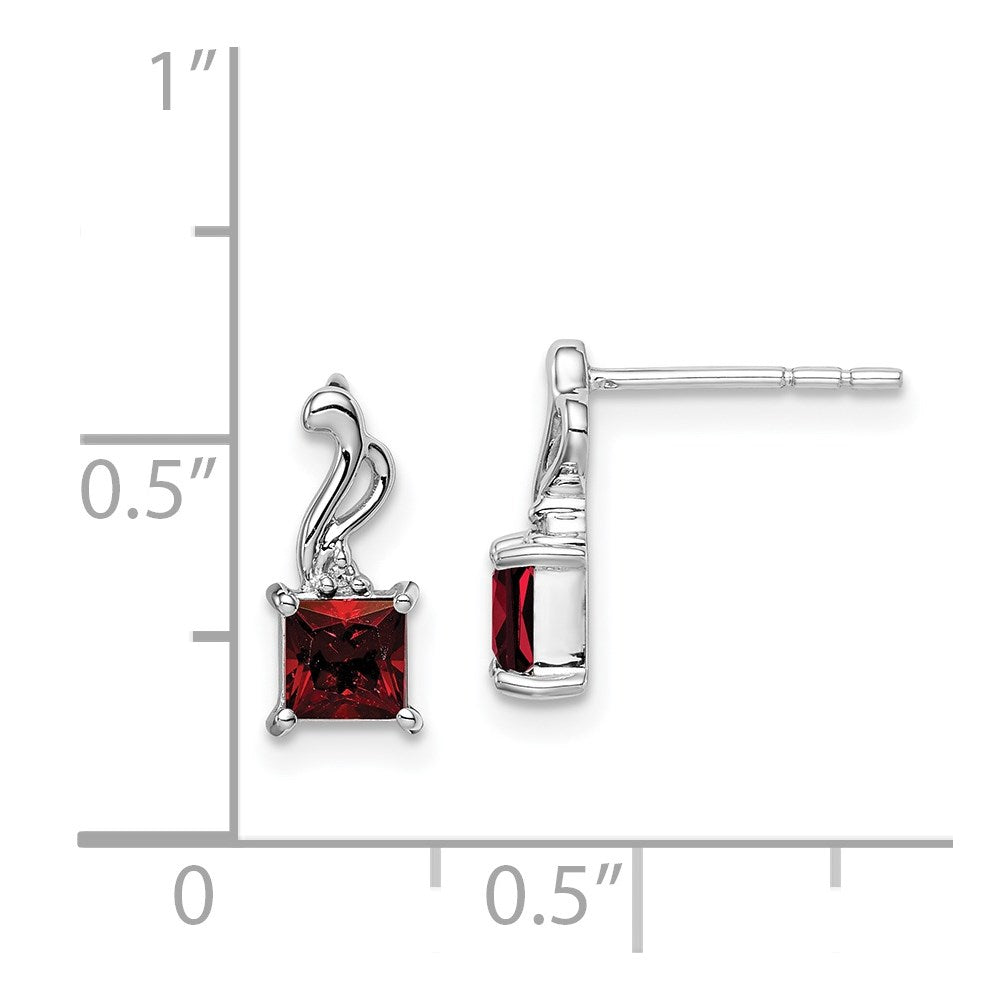 Sterling Silver Rhodium Plated Diamond Garnet Square Post Earrings