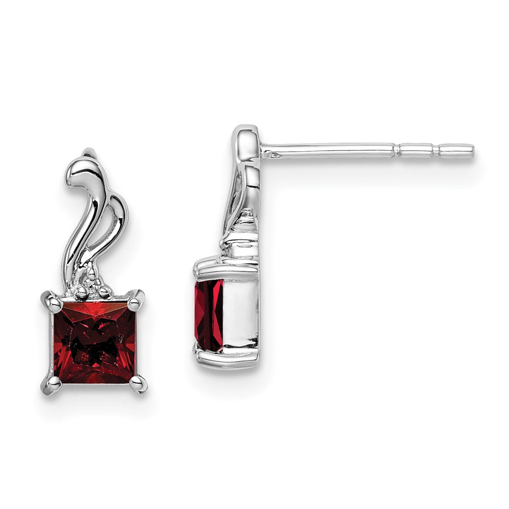 Sterling Silver Rhodium Plated Diamond Garnet Square Post Earrings