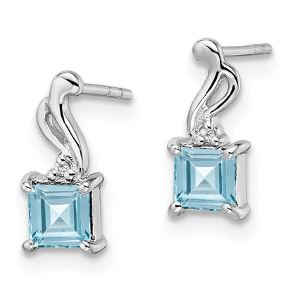 Sterling Silver Rhodium Plated Diamond and Blue Topaz Square Earrings
