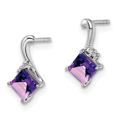 Sterling Silver Rhodium Plated Dia. u0026 Amethyst Square Post Earrings