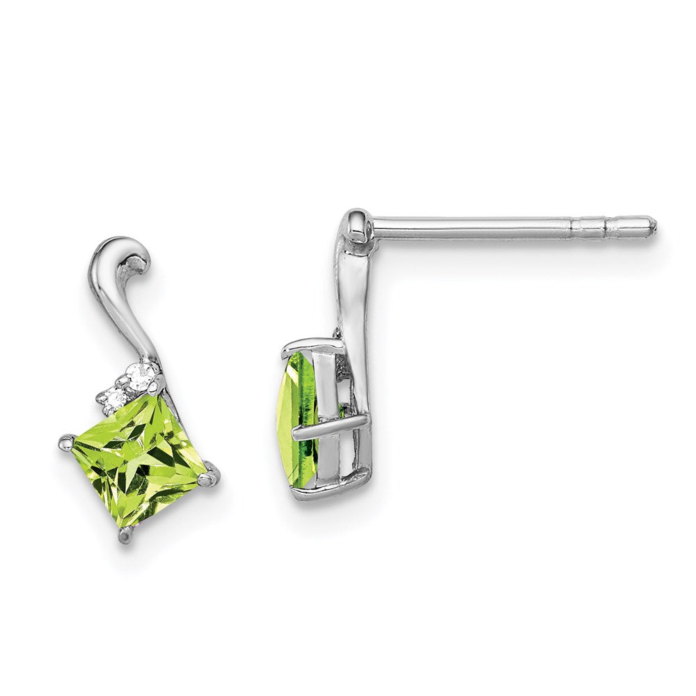 Sterling Silver Rhodium Plated Diamond u0026 Peridot Square Post Earrings