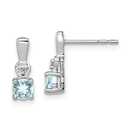Sterling Silver Rhodium Plated Diamond u0026 Aquamarine Post Earrings