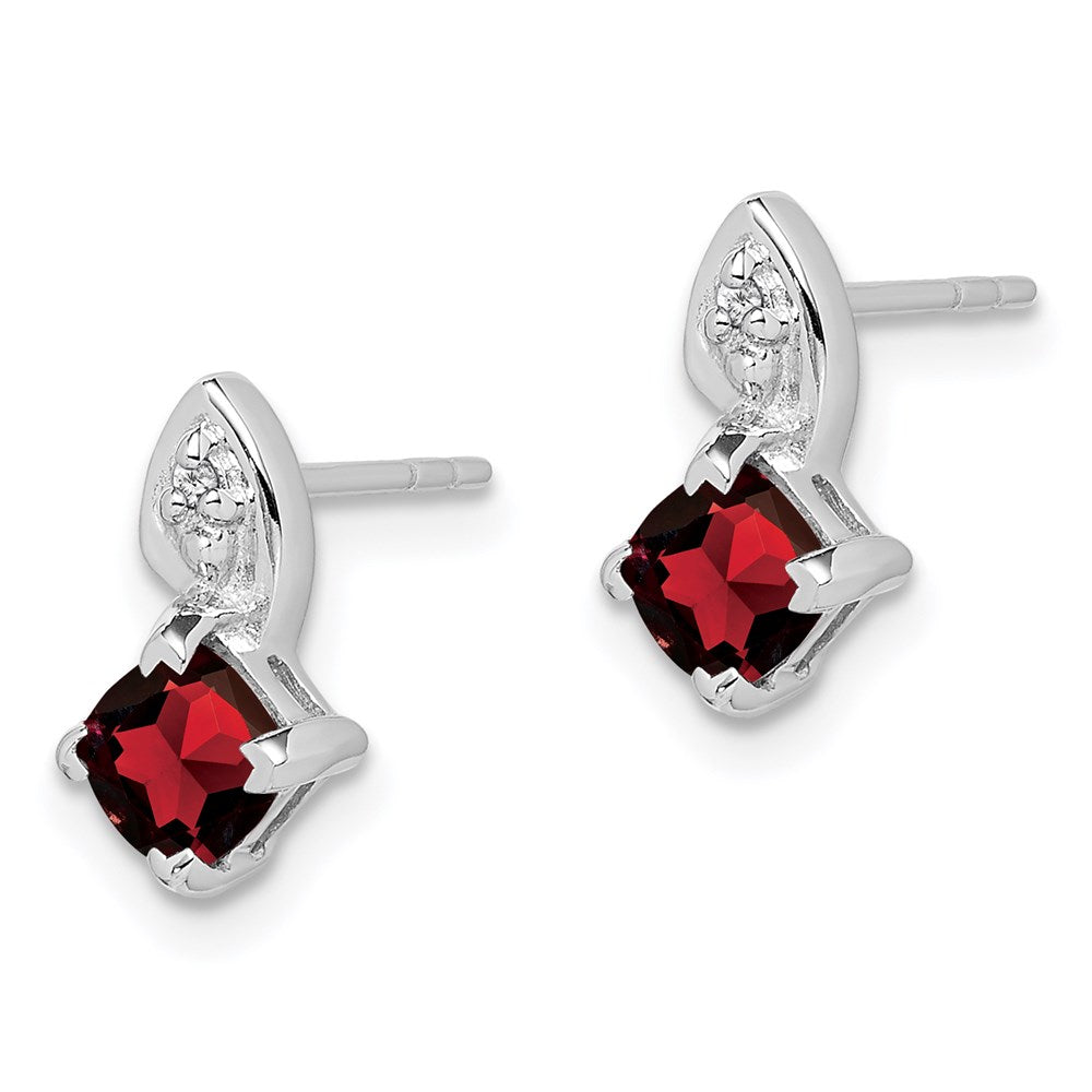 Sterling Silver Rhodium Plated Diamond Garnet Post Earrings
