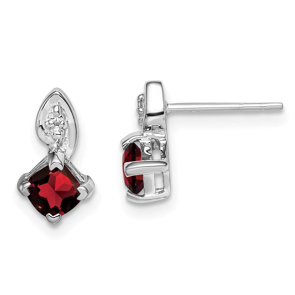 Sterling Silver Rhodium Plated Diamond Garnet Post Earrings