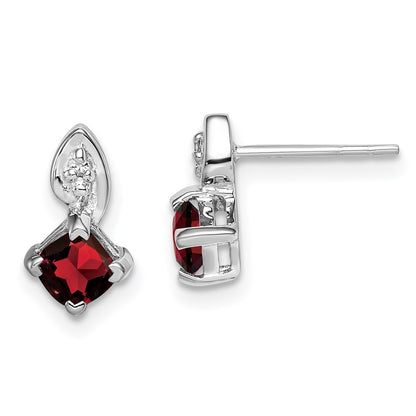 Sterling Silver Rhodium Plated Diamond Garnet Post Earrings